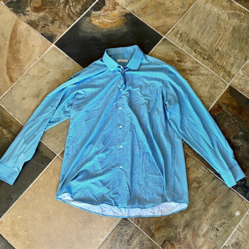 Perry Ellis Portfolio Dress Shirt Mens 17.5 34/35 Blue Micro Stripe LS